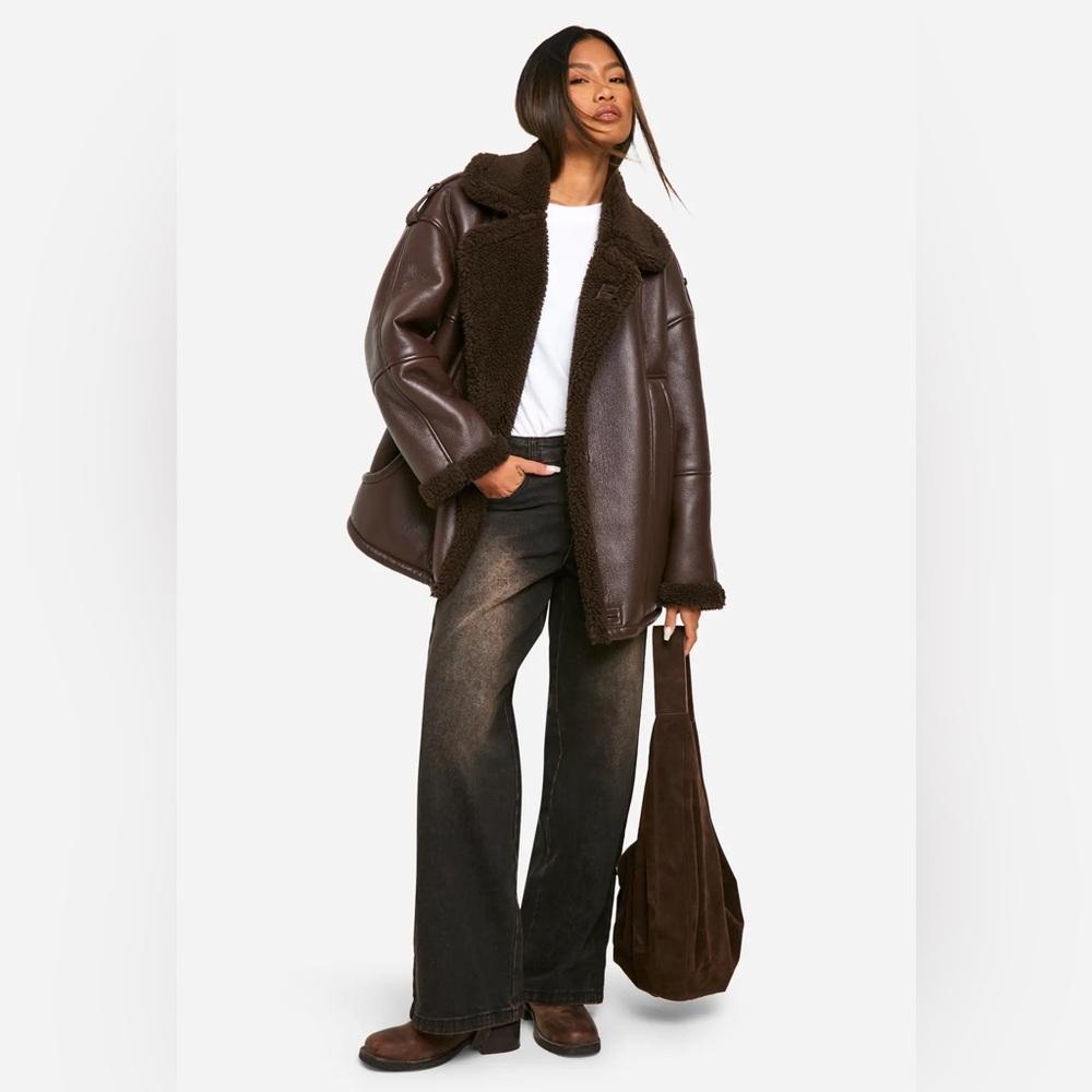 Boohoo Dark Brown Faux Leather Shearling-Trim Jacket - Picture 3 of 11